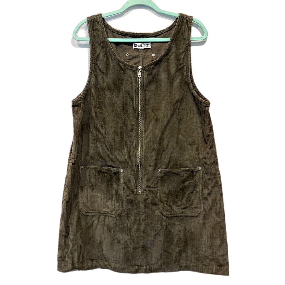 Vintage Jumper Dress Corduroy Zip Front Pinafore Cottage Olive Green Women XL